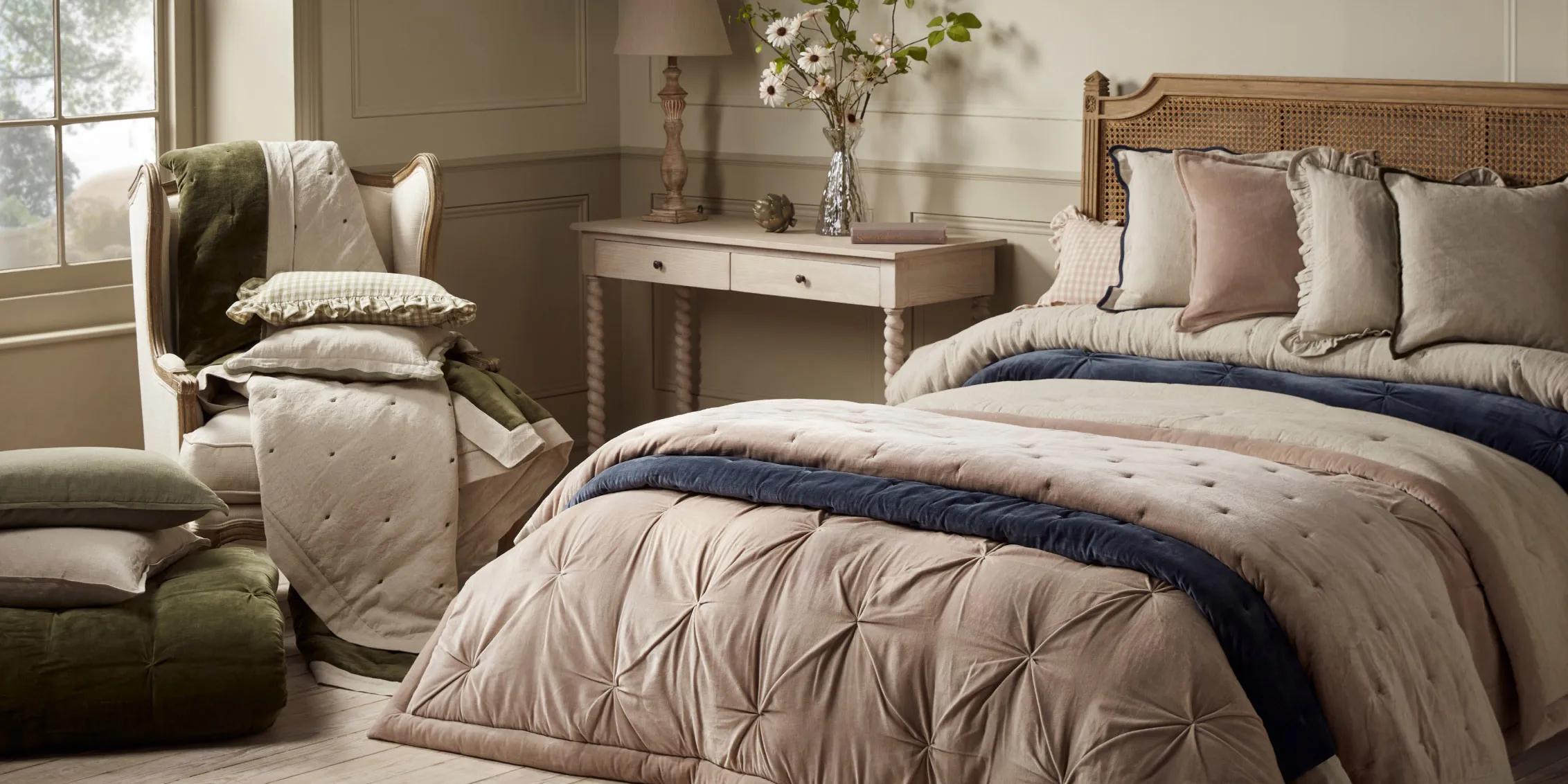 Soft furnishings including cushions, throws, and curtains for stylish home decor