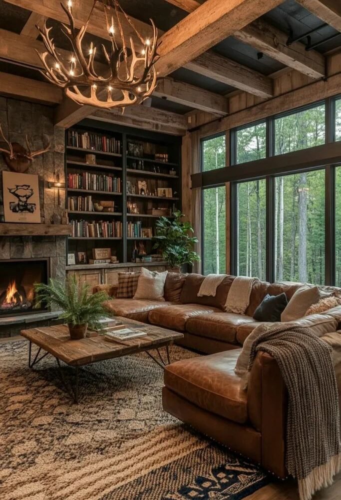 Rustic Style living room with wooden beams, natural textures, and cozy furniture