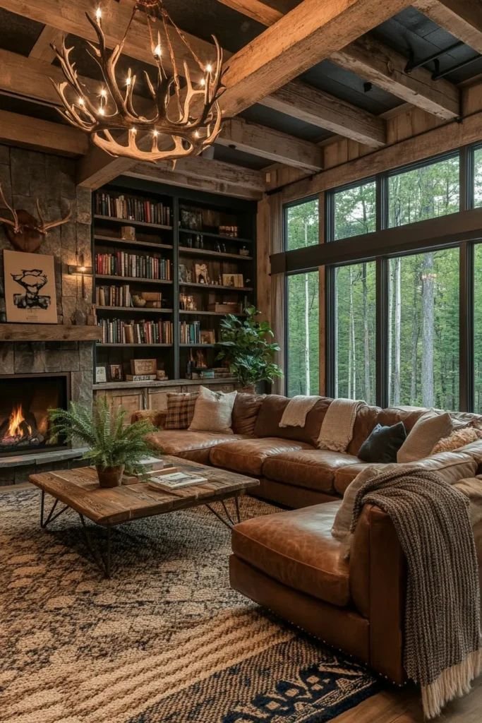 Rustic Style living room with wooden beams, natural textures, and cozy furniture