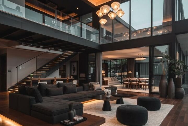 Industrial style living room with modern loft furniture and exposed brick walls