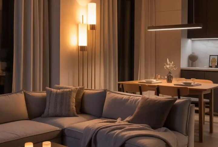 Small living room with modern furniture, cozy decor, and space-saving design