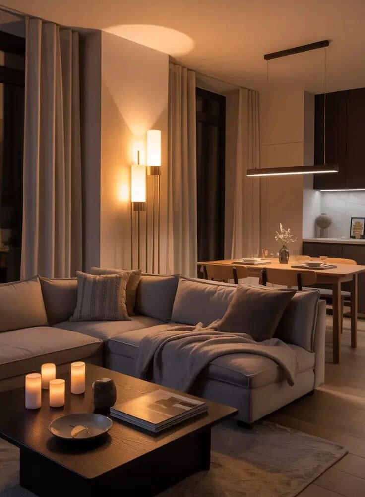 Small living room with modern furniture, cozy decor, and space-saving design