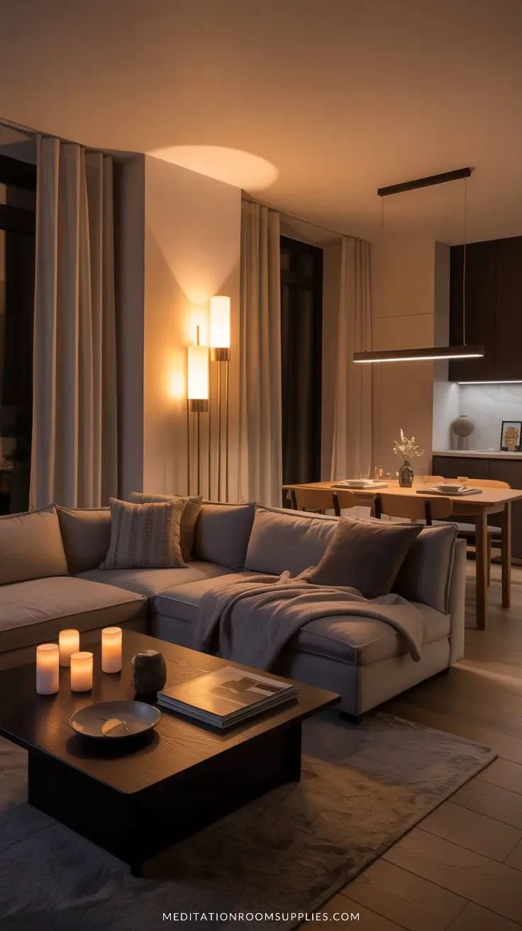 Small living room with modern furniture, cozy decor, and space-saving design