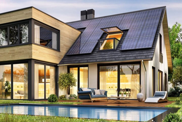 Eco-friendly living room with sustainable furniture, natural wood, and recycled materials