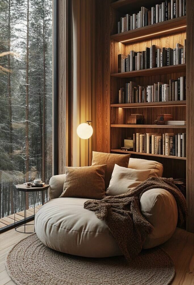 Modern bookshelf with wooden shelves, decorative items, and organized storage