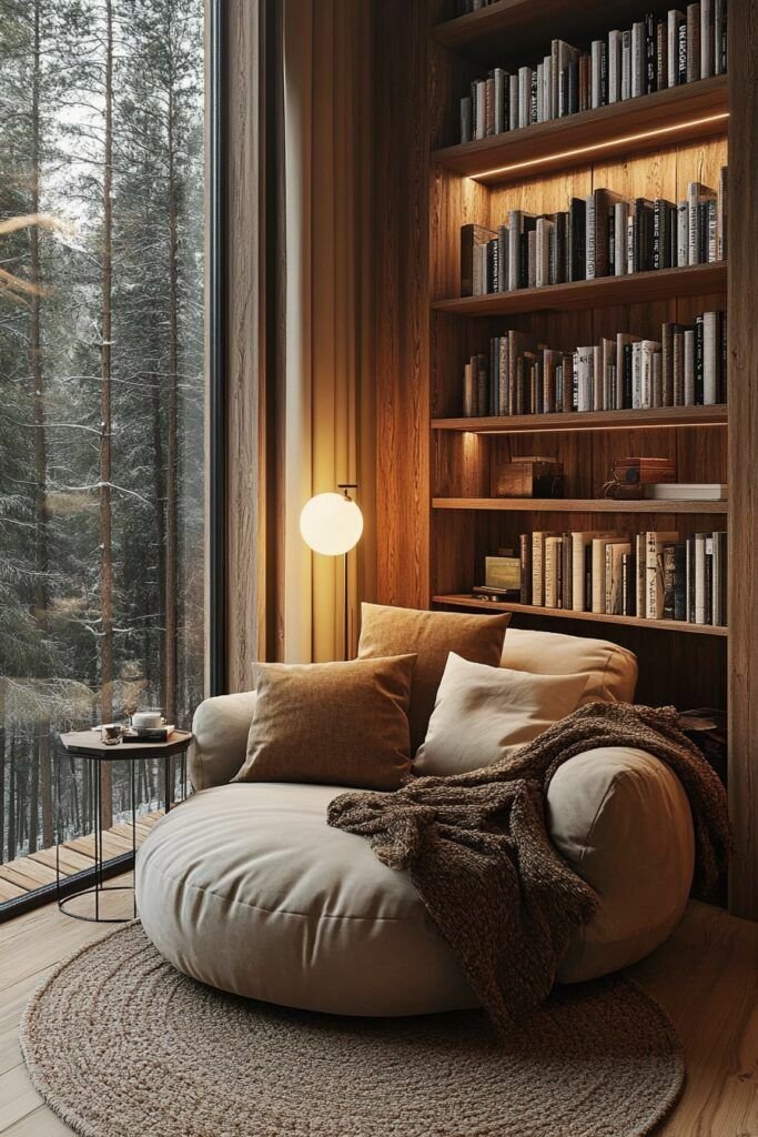 Modern bookshelf with wooden shelves, decorative items, and organized storage