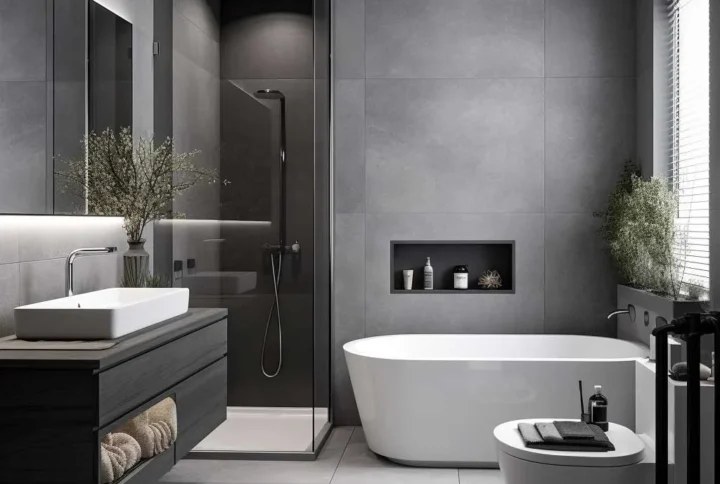 Small bathroom design with space-saving fixtures, light colors, and modern decor