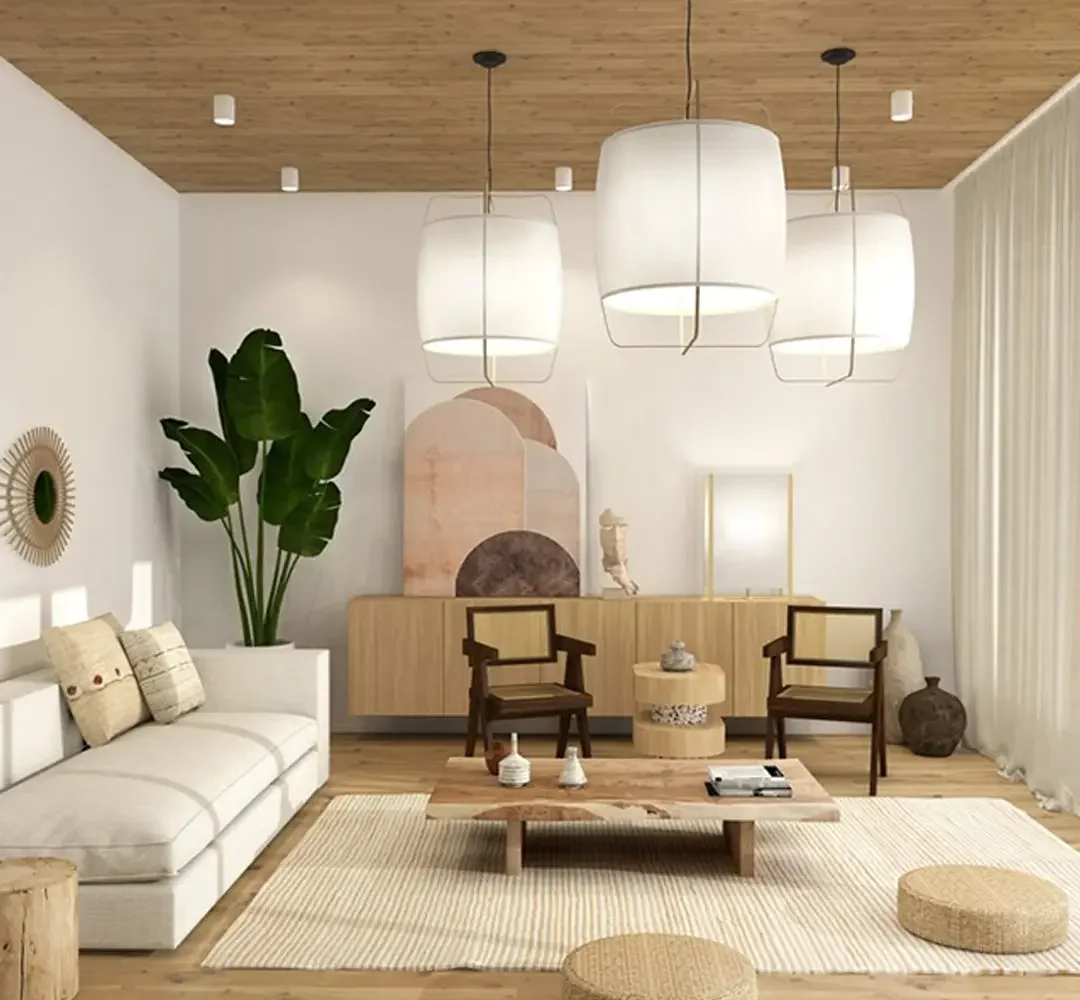 Japandi interior design living room with minimalist Japanese and Scandinavian style