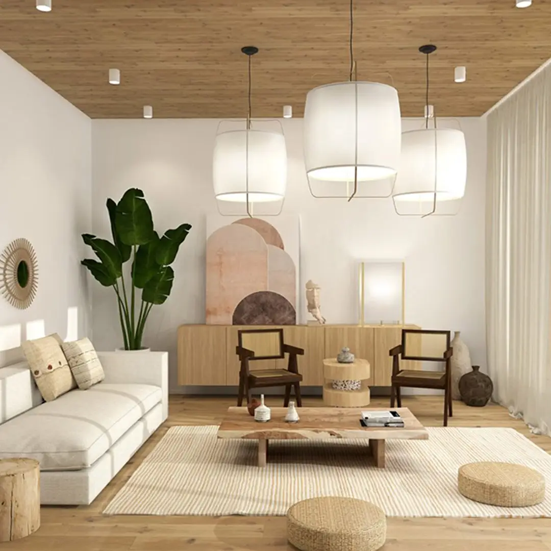 Japandi interior design living room with minimalist Japanese and Scandinavian style