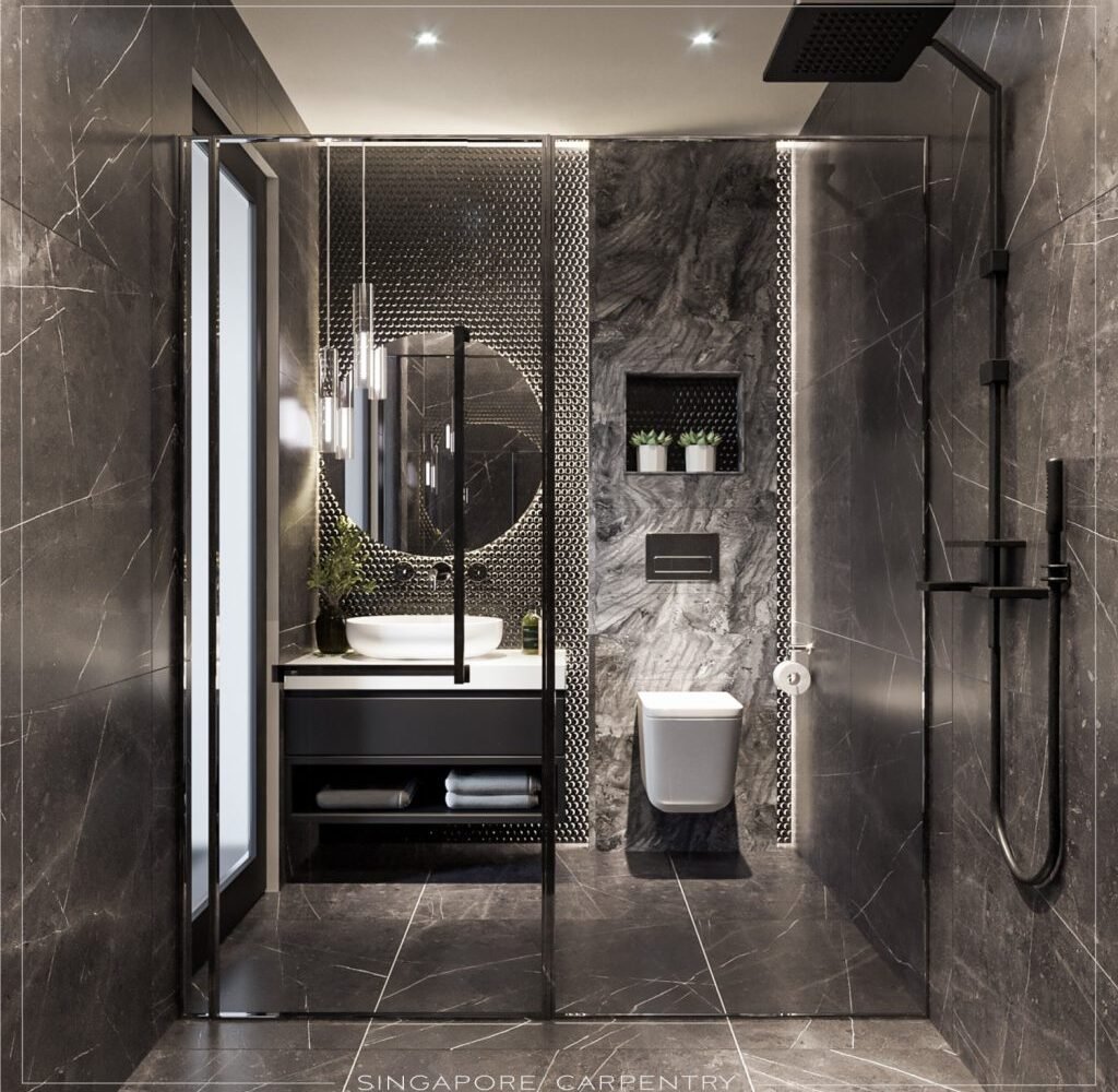 Modern bathroom interior design with sleek fixtures, minimalist décor, and functional layout