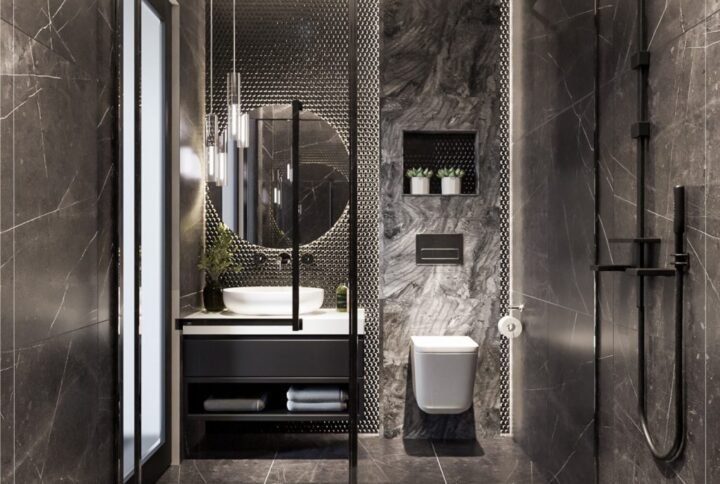 Modern bathroom interior design with sleek fixtures, minimalist décor, and functional layout