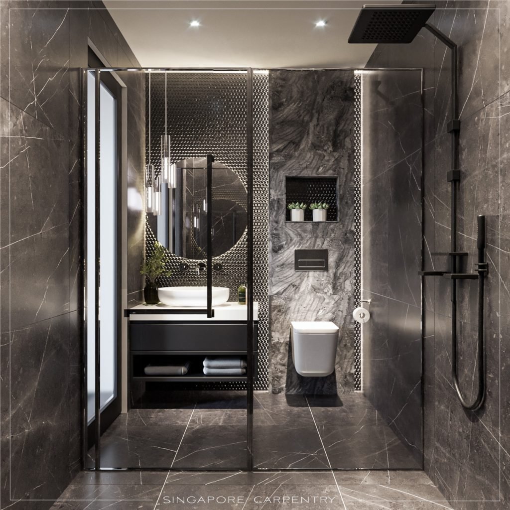 Modern bathroom interior design with sleek fixtures, minimalist décor, and functional layout