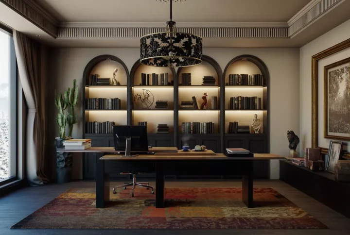 Modern office interior design with ergonomic furniture and stylish workspace layout