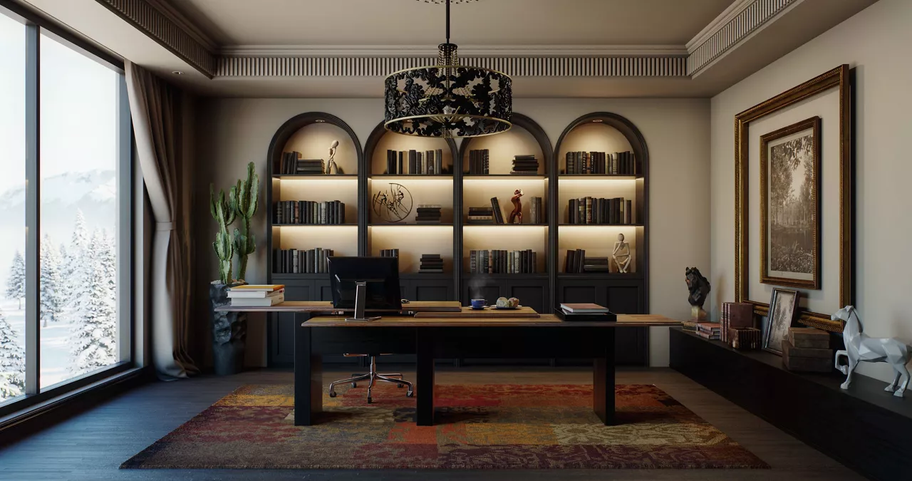 Modern office interior design with ergonomic furniture and stylish workspace layout