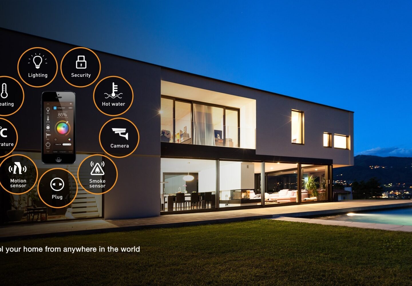 Modern smart home with automated lighting, security, and energy-efficient systems