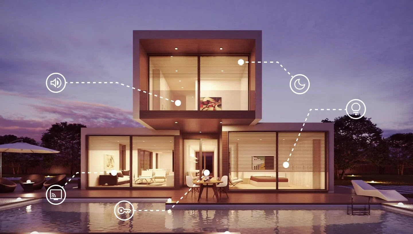Smart home interior with modern technology and automated lighting