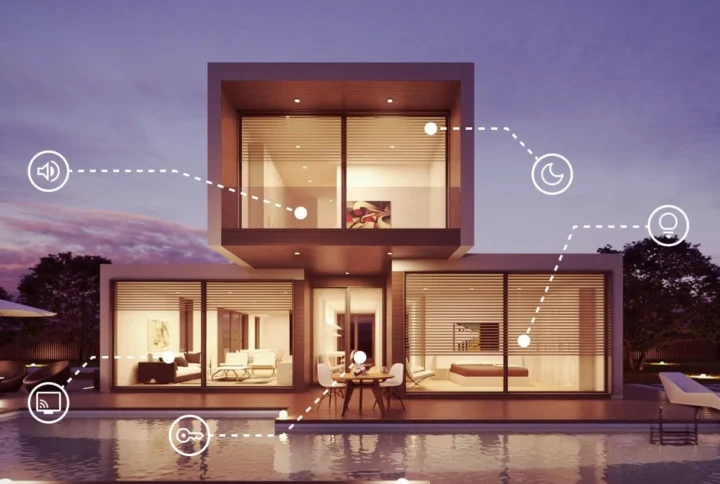 Smart home interior with modern technology and automated lighting