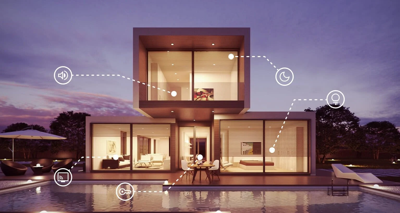 Smart home interior with modern technology and automated lighting