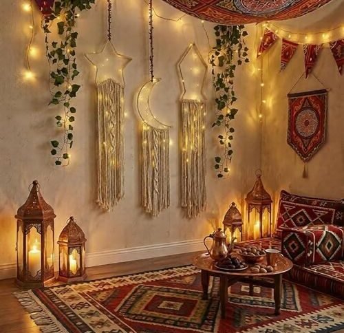 Ramadan decorations with lanterns and crescent moons