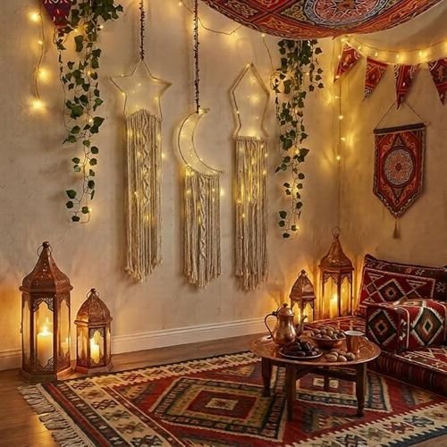 Ramadan decorations with lanterns and crescent moons
