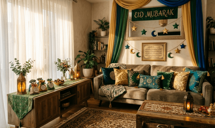 Home decorated with vibrant Eid Vibes including lanterns, festive table settings, and colorful accents