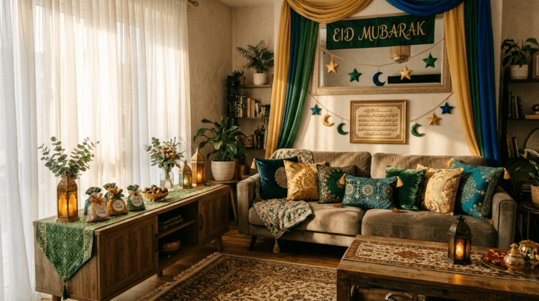 Home decorated with vibrant Eid Vibes including lanterns, festive table settings, and colorful accents