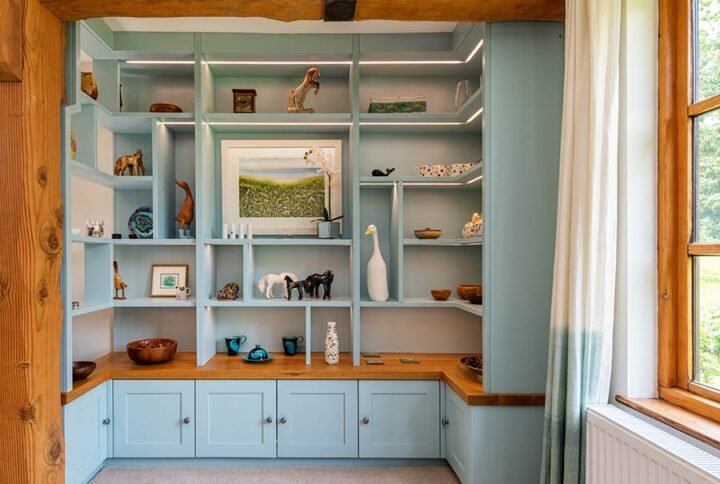 Smart storage solutions in modern home interior with organized shelves, bins, and space-saving design