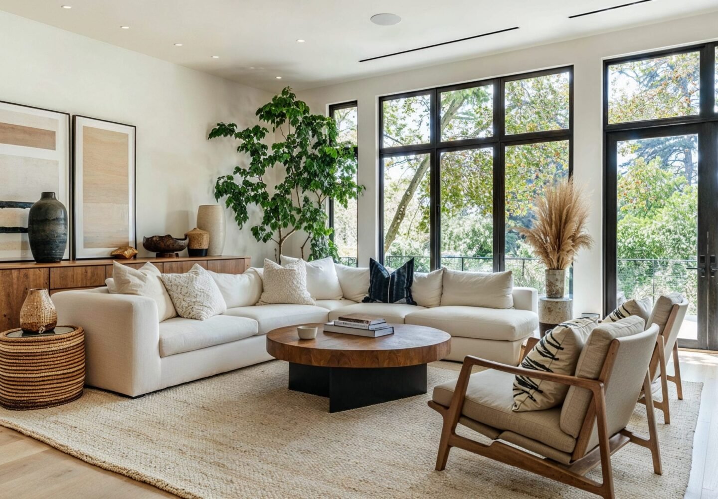 Modern open plan living interior with connected kitchen, dining, and living areas in a bright spacious layout