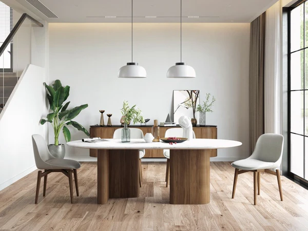 Modern dining table in a stylish home setting with chairs and decor