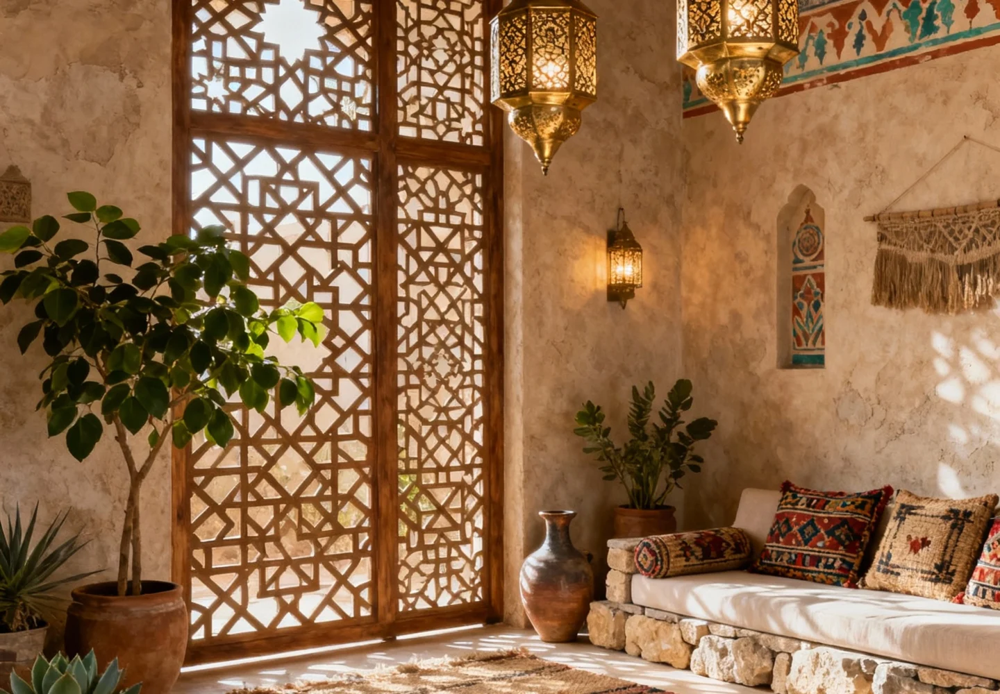Egyptian home decor with traditional motifs, vibrant colors, and handcrafted accessories