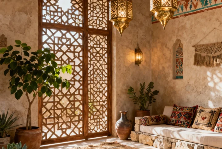 Egyptian home decor with traditional motifs, vibrant colors, and handcrafted accessories