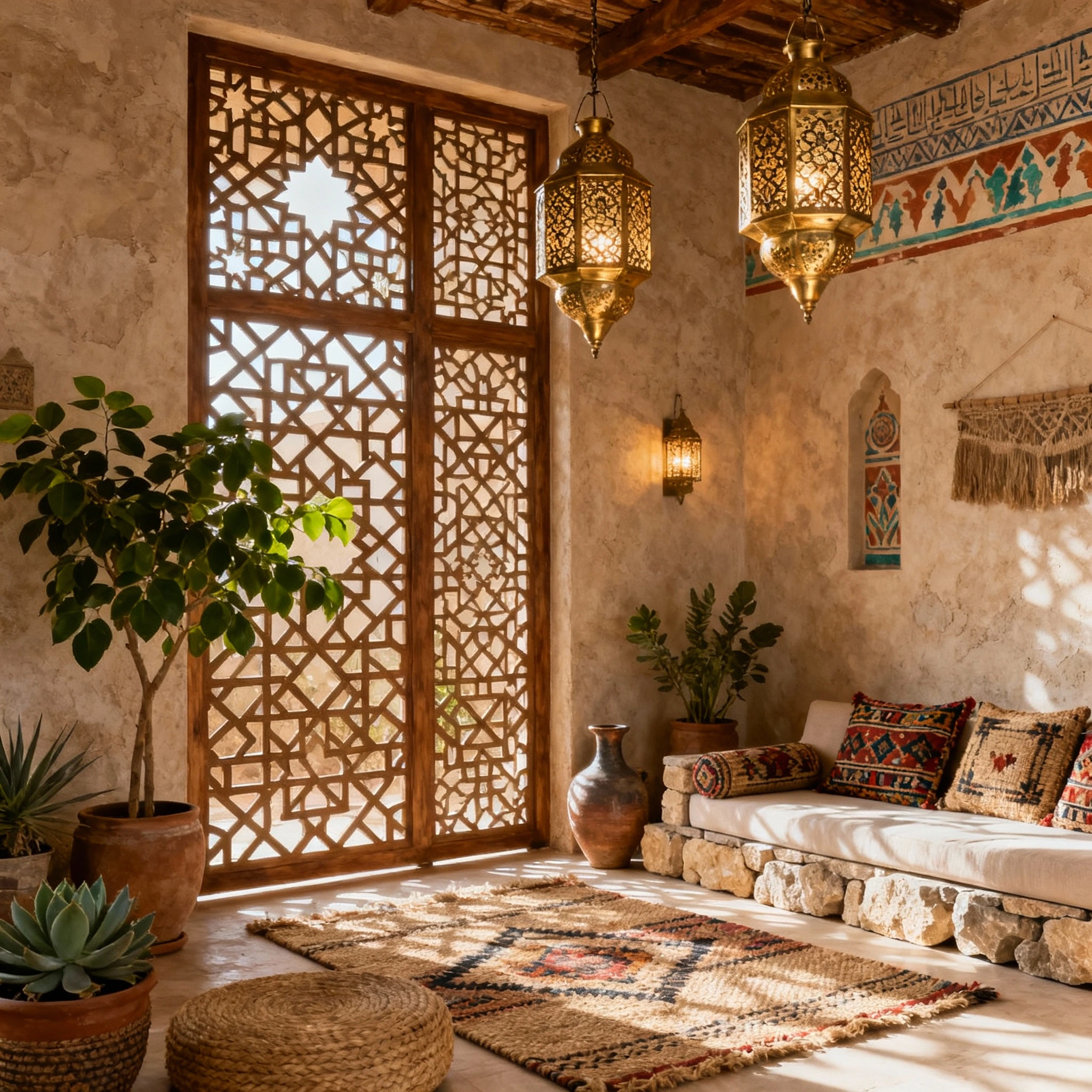 Egyptian home decor with traditional motifs, vibrant colors, and handcrafted accessories
