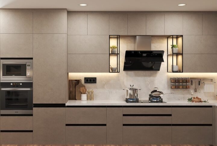 Modern kitchen interior design with sleek cabinets, island, and stylish lighting