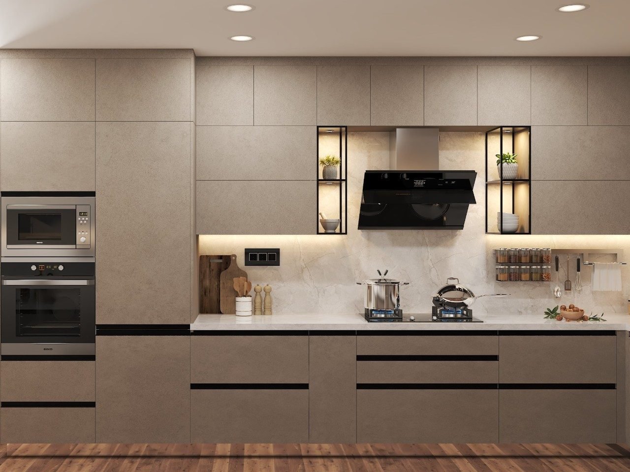 Modern kitchen interior design with sleek cabinets, island, and stylish lighting