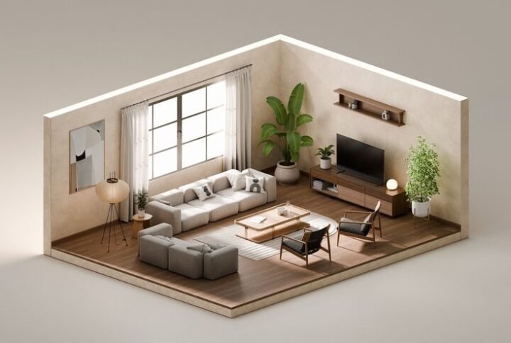 3D visualization of a modern interior design living room with realistic lighting and furniture layout