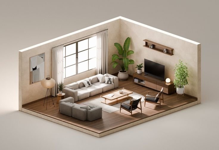 3D visualization of a modern interior design living room with realistic lighting and furniture layout