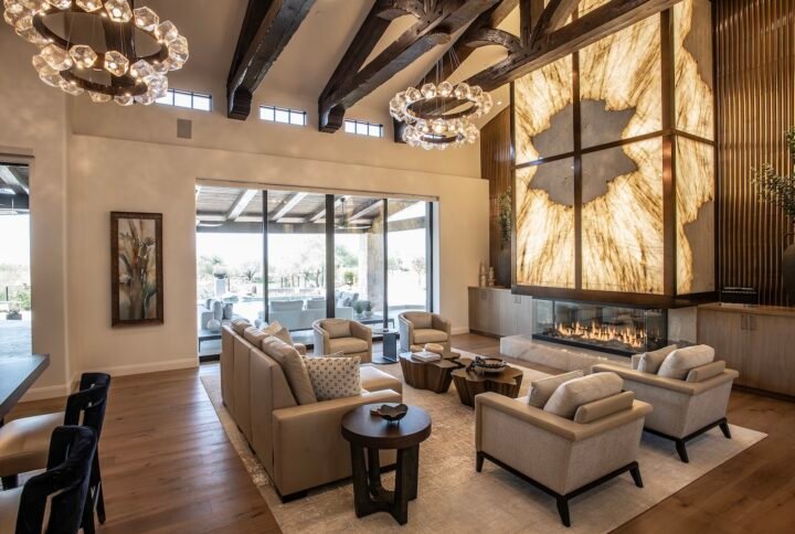 Custom interior design of a modern luxury living room with elegant furniture and stylish decor