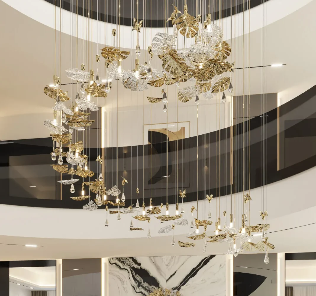 Statement Chandeliers hanging as a bold lighting feature in a modern luxury interior design space