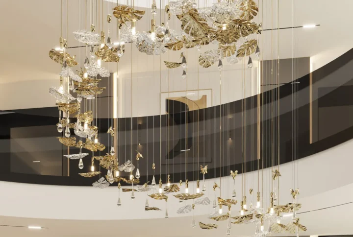 Statement Chandeliers hanging as a bold lighting feature in a modern luxury interior design space