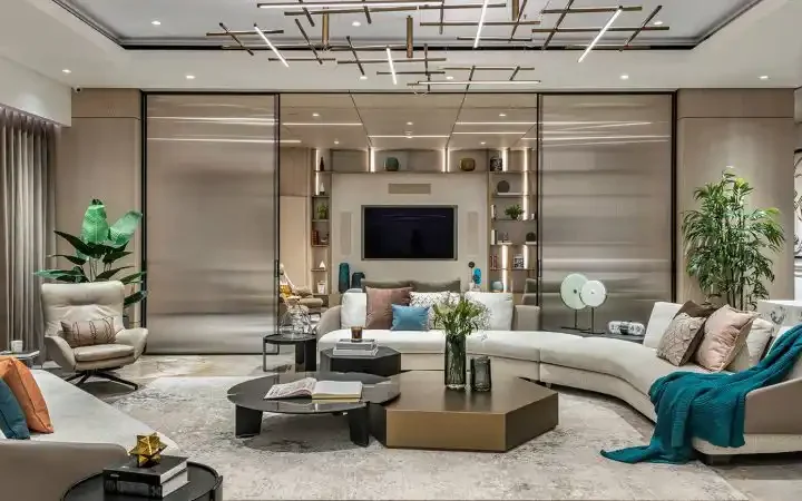 Residential interior design of a modern living room with elegant furniture, neutral colors, and functional layout