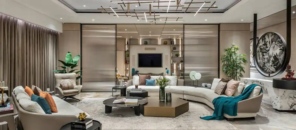 Residential interior design of a modern living room with elegant furniture, neutral colors, and functional layout