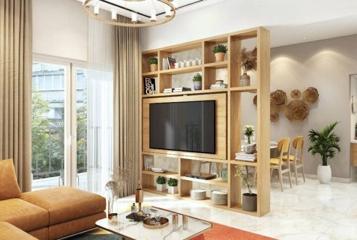 Space-saving interior design with multifunctional furniture and smart storage solutions in a small modern apartment