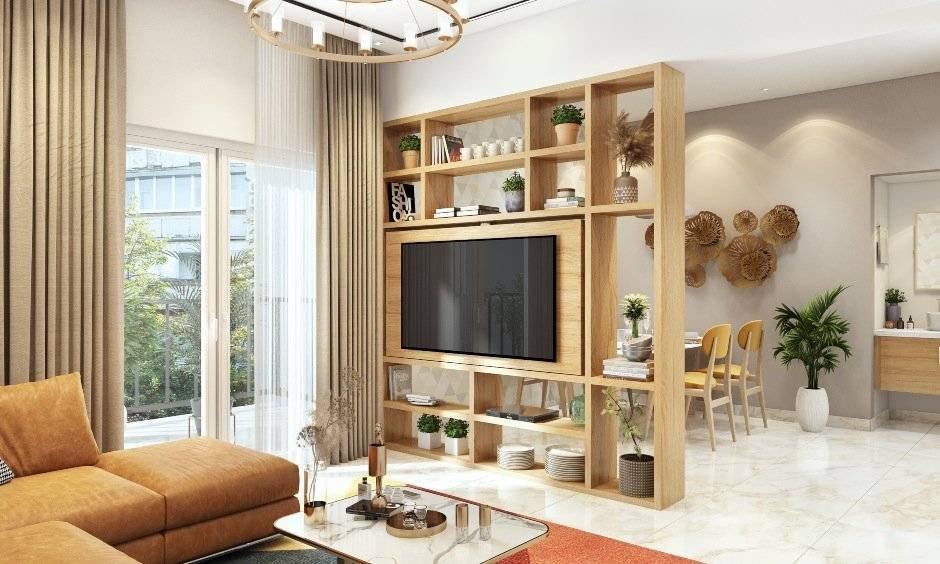 Space-saving interior design with multifunctional furniture and smart storage solutions in a small modern apartment
